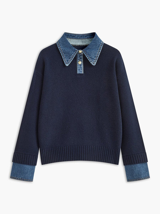 Amelie | Damen 2-in-1 Strick-Sweater mit Denim-Kragen und Metallknöpfen