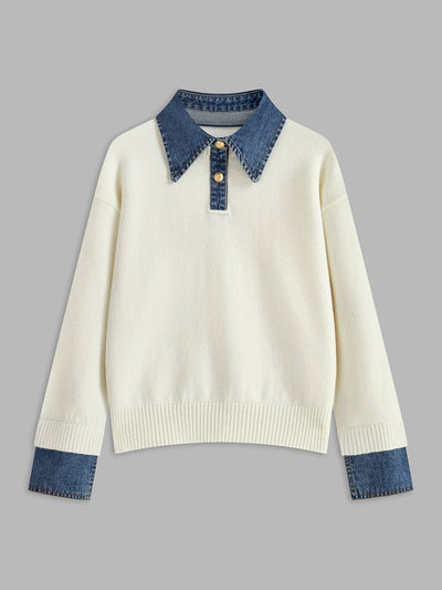 Amelie | Damen 2-in-1 Strick-Sweater mit Denim-Kragen und Metallknöpfen