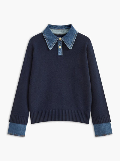 Amelie | Damen 2-in-1 Strick-Sweater mit Denim-Kragen und Metallknöpfen