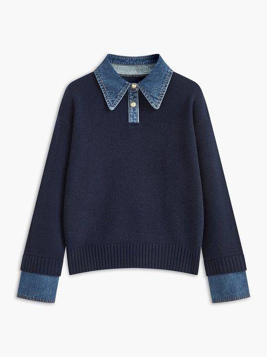 Amelie | Damen 2-in-1 Strick-Sweater mit Denim-Kragen und Metallknöpfen
