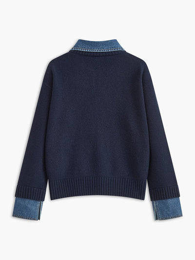 Amelie | Damen 2-in-1 Strick-Sweater mit Denim-Kragen und Metallknöpfen