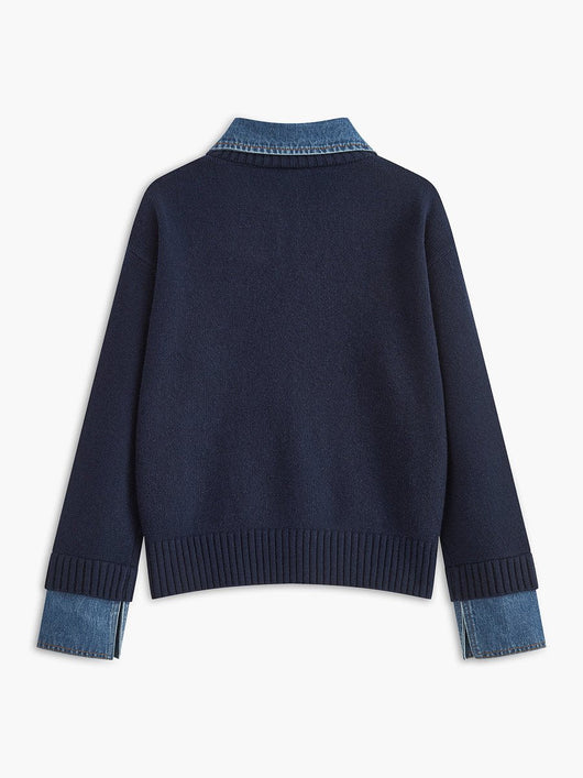 Amelie | Damen 2-in-1 Strick-Sweater mit Denim-Kragen und Metallknöpfen