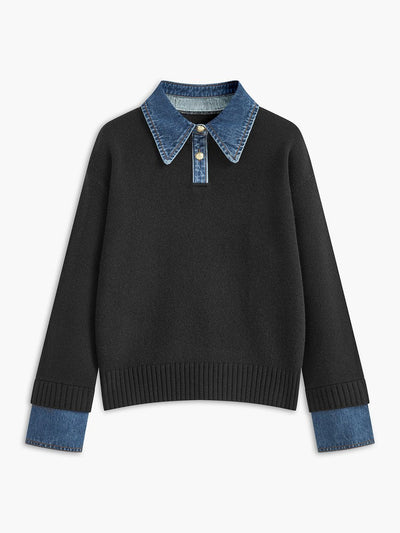 Amelie | Damen 2-in-1 Strick-Sweater mit Denim-Kragen und Metallknöpfen