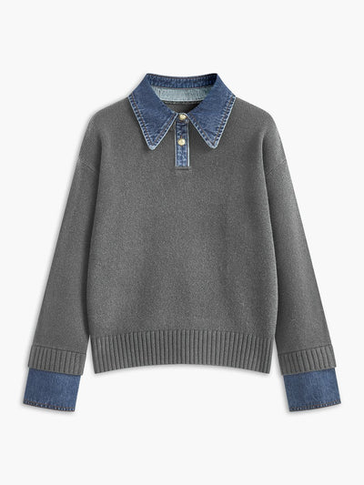 Amelie | Damen 2-in-1 Strick-Sweater mit Denim-Kragen und Metallknöpfen