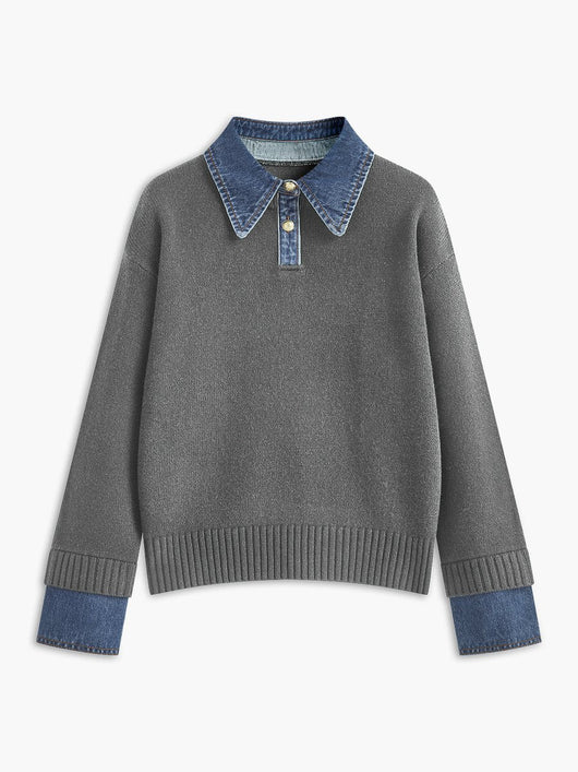 Amelie | Damen 2-in-1 Strick-Sweater mit Denim-Kragen und Metallknöpfen