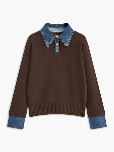 Amelie | Damen 2-in-1 Strick-Sweater mit Denim-Kragen und Metallknöpfen