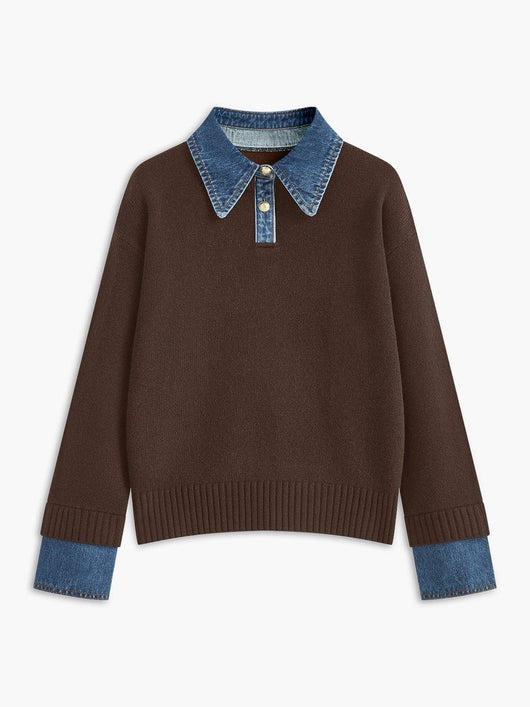 Amelie | Damen 2-in-1 Strick-Sweater mit Denim-Kragen und Metallknöpfen