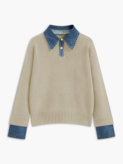 Amelie | Damen 2-in-1 Strick-Sweater mit Denim-Kragen und Metallknöpfen