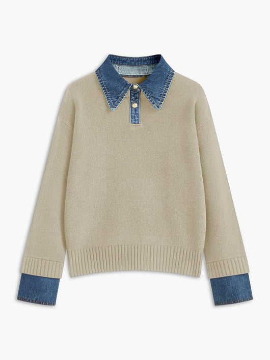 Amelie | Damen 2-in-1 Strick-Sweater mit Denim-Kragen und Metallknöpfen