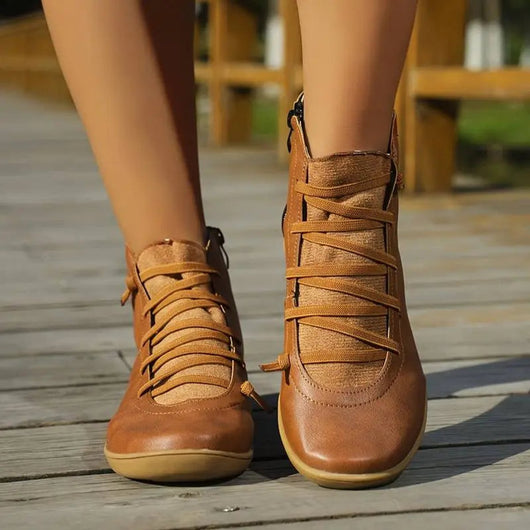 Clara | Damen Ankle Boots Flache Schnür-Stiefeletten mit Reißverschluss