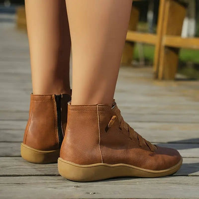 Clara | Damen Ankle Boots Flache Schnür-Stiefeletten mit Reißverschluss
