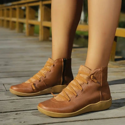 Clara | Damen Ankle Boots Flache Schnür-Stiefeletten mit Reißverschluss