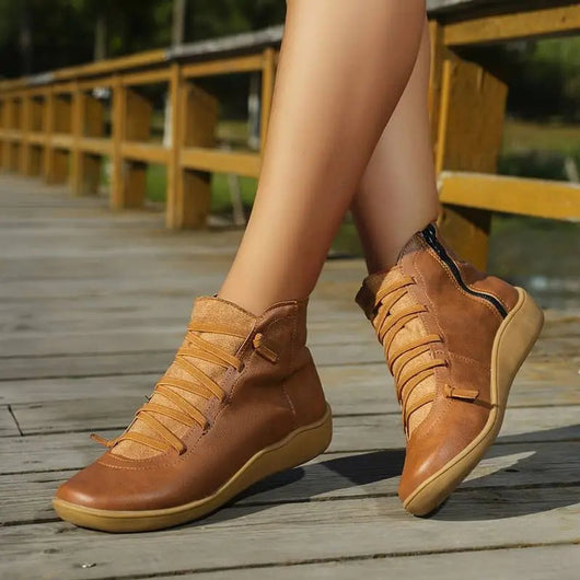 Clara | Damen Ankle Boots Flache Schnür-Stiefeletten mit Reißverschluss