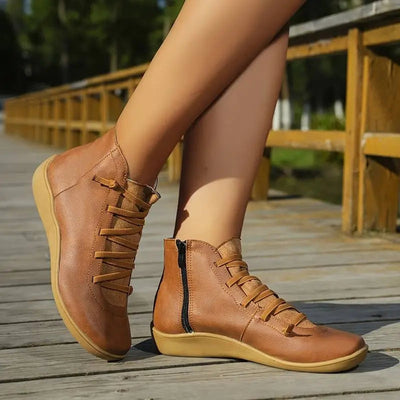 Clara | Damen Ankle Boots Flache Schnür-Stiefeletten mit Reißverschluss