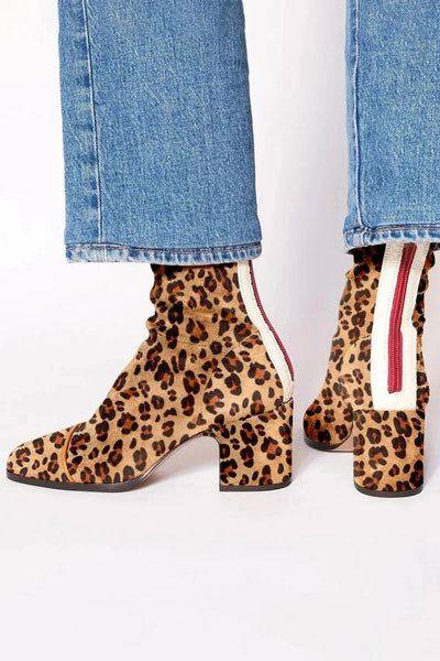 Lena | Damen Ankle Boots Velours Blockabsatz Leopardenmuster Kappe Reißverschluss