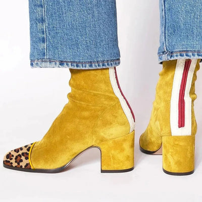Lena | Damen Ankle Boots Velours Blockabsatz Leopardenmuster Kappe Reißverschluss