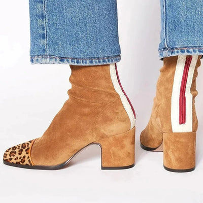 Lena | Damen Ankle Boots Velours Blockabsatz Leopardenmuster Kappe Reißverschluss