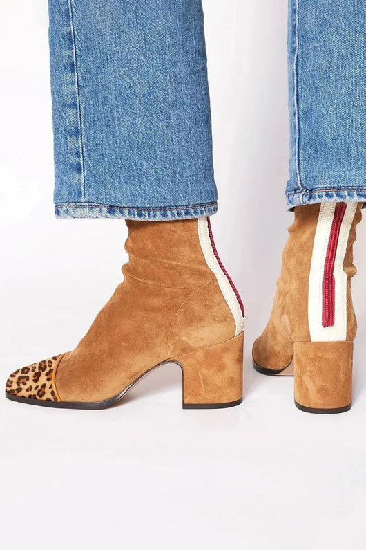 Lena | Damen Ankle Boots Velours Blockabsatz Leopardenmuster Kappe Reißverschluss