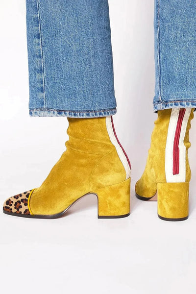 Lena | Damen Ankle Boots Velours Blockabsatz Leopardenmuster Kappe Reißverschluss