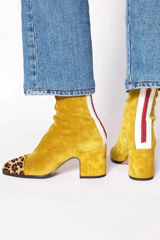 Lena | Damen Ankle Boots Velours Blockabsatz Leopardenmuster Kappe Reißverschluss