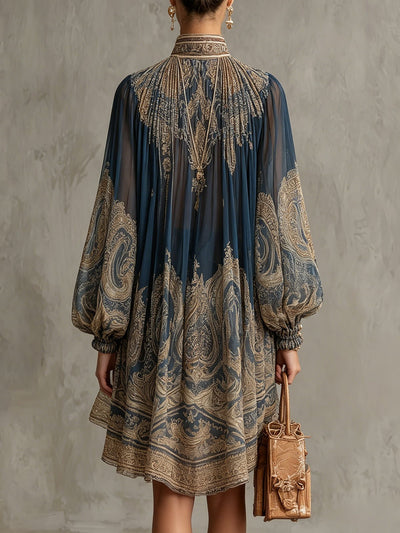 Sophie | Damen Barock Chiffon High-Neck Kleid Fließende Ärmel