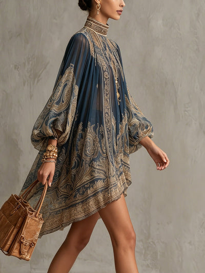Sophie | Damen Barock Chiffon High-Neck Kleid Fließende Ärmel
