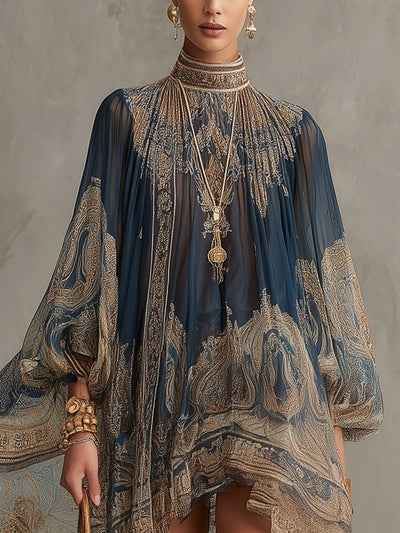 Sophie | Damen Barock Chiffon High-Neck Kleid Fließende Ärmel