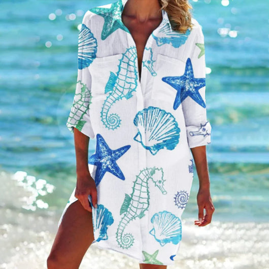 Mia | Damen Batik-Print Locker-Geschnittenes Langarm Hemdblusenkleid