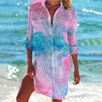 Mia | Damen Batik-Print Locker-Geschnittenes Langarm Hemdblusenkleid