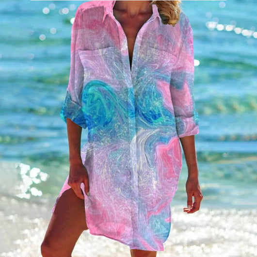 Mia | Damen Batik-Print Locker-Geschnittenes Langarm Hemdblusenkleid