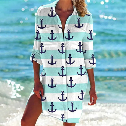 Mia | Damen Batik-Print Locker-Geschnittenes Langarm Hemdblusenkleid