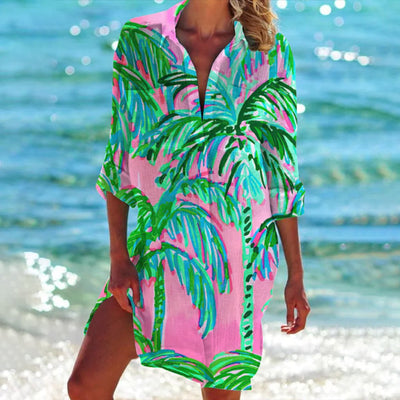 Mia | Damen Batik-Print Locker-Geschnittenes Langarm Hemdblusenkleid