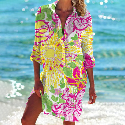 Mia | Damen Batik-Print Locker-Geschnittenes Langarm Hemdblusenkleid