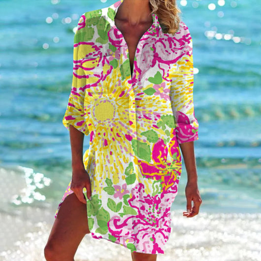 Mia | Damen Batik-Print Locker-Geschnittenes Langarm Hemdblusenkleid