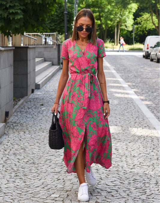 Marlene | Damen Baumwoll-Wickelkleid mit Blumendruck V-Ausschnitt Midi