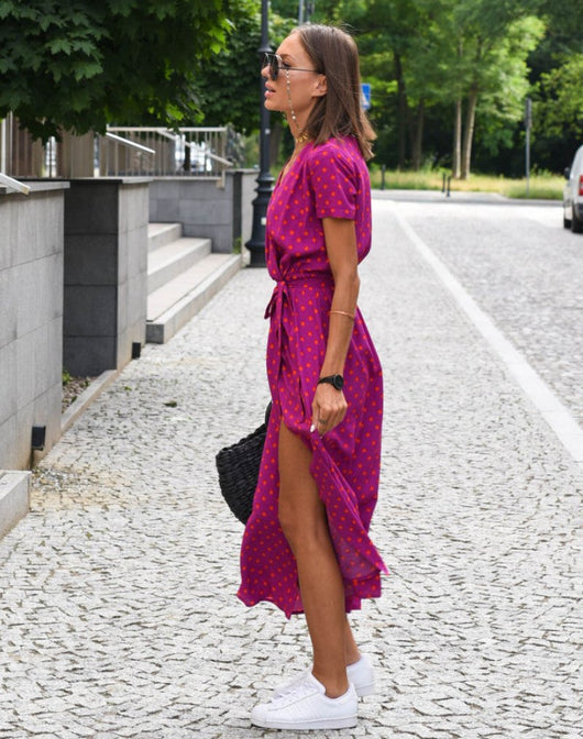Marlene | Damen Baumwoll-Wickelkleid mit Blumendruck V-Ausschnitt Midi