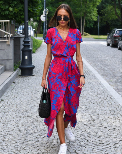 Marlene | Damen Baumwoll-Wickelkleid mit Blumendruck V-Ausschnitt Midi