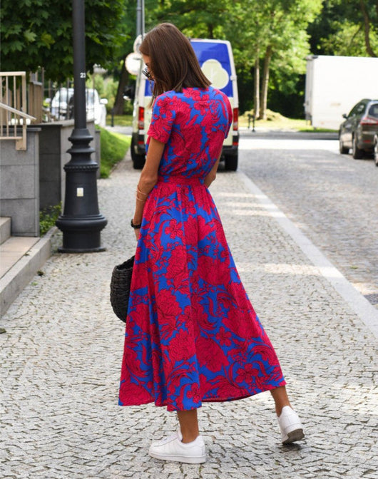 Marlene | Damen Baumwoll-Wickelkleid mit Blumendruck V-Ausschnitt Midi