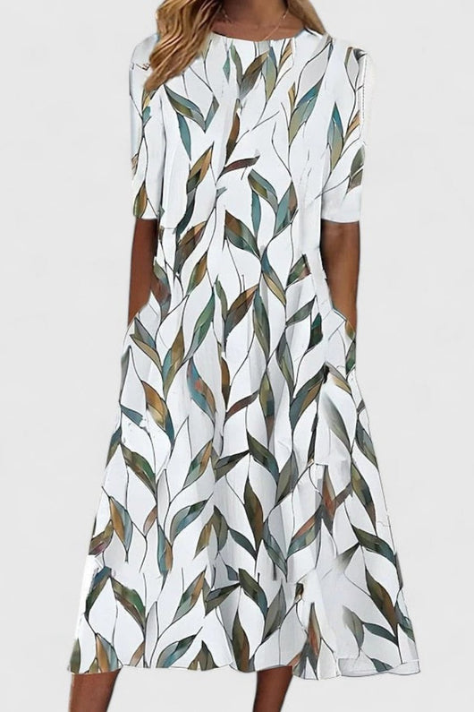 Amelie | Damen Baumwolle A-Linie Blumen Rundhals Midi-Kleid
