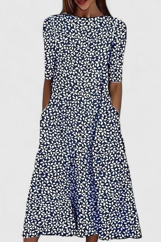 Amelie | Damen Baumwolle A-Linie Blumen Rundhals Midi-Kleid