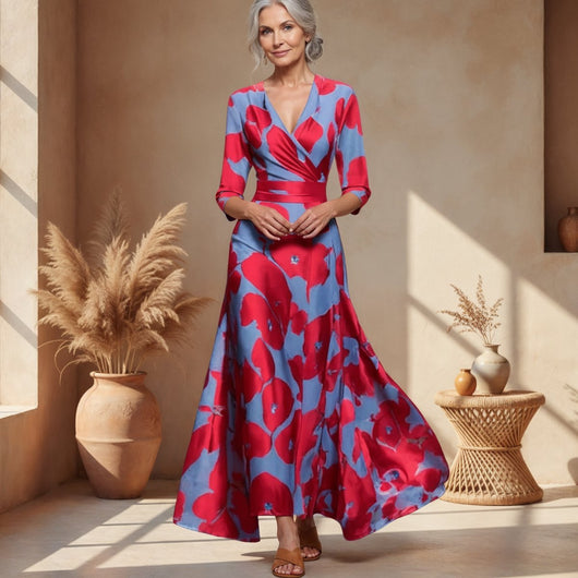 Katharina | Damen Bedrucktes 3/4-Arm Long Sleeve Dress Wickelkleid Figurbetont