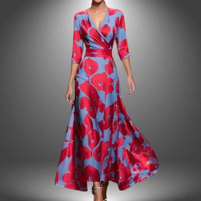 Katharina | Damen Bedrucktes 3/4-Arm Long Sleeve Dress Wickelkleid Figurbetont