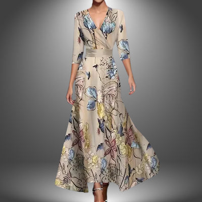 Katharina | Damen Bedrucktes 3/4-Arm Long Sleeve Dress Wickelkleid Figurbetont