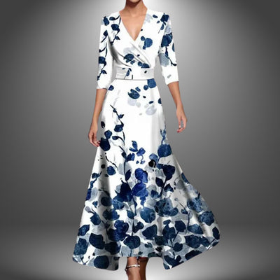 Katharina | Damen Bedrucktes 3/4-Arm Long Sleeve Dress Wickelkleid Figurbetont