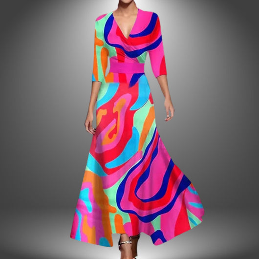 Katharina | Damen Bedrucktes 3/4-Arm Long Sleeve Dress Wickelkleid Figurbetont