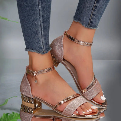 Katharina | Damen Bequeme Sandalen Blockabsatz Knöchelriemchen Glitzer