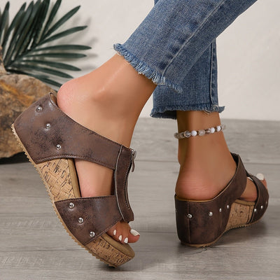 Katharina | Damen Bequeme Sandalen Keilabsatz Kork Plateau Offene Zehe Reißverschluss