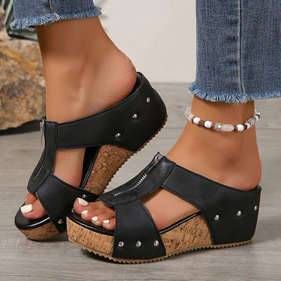 Katharina | Damen Bequeme Sandalen Keilabsatz Kork Plateau Offene Zehe Reißverschluss