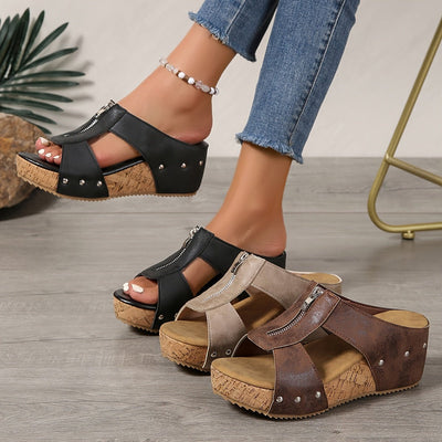 Katharina | Damen Bequeme Sandalen Keilabsatz Kork Plateau Offene Zehe Reißverschluss