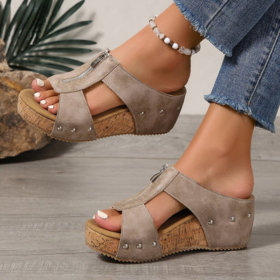 Katharina | Damen Bequeme Sandalen Keilabsatz Kork Plateau Offene Zehe Reißverschluss